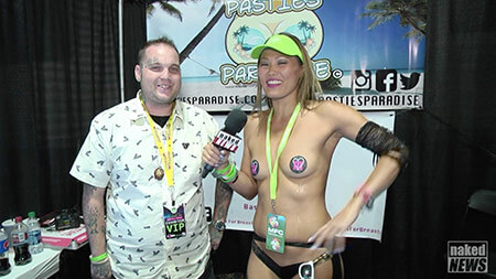 Carli Bei of Naked News Tries the New Waterproof Pasties from Pasties Paradise at eXXXotica & LifestyleX 2017 in Denver, CO